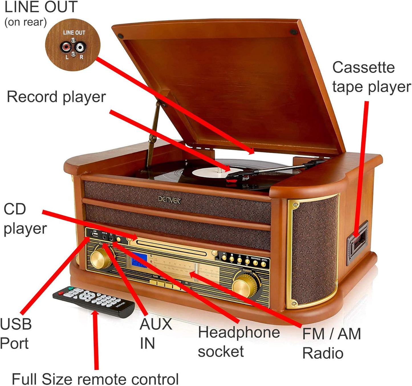 8-in-1 CD Cassette Player Retro Wooden Record Player HiFi System