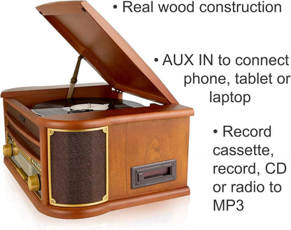 8-in-1 CD Cassette Player Retro Wooden Record Player HiFi System